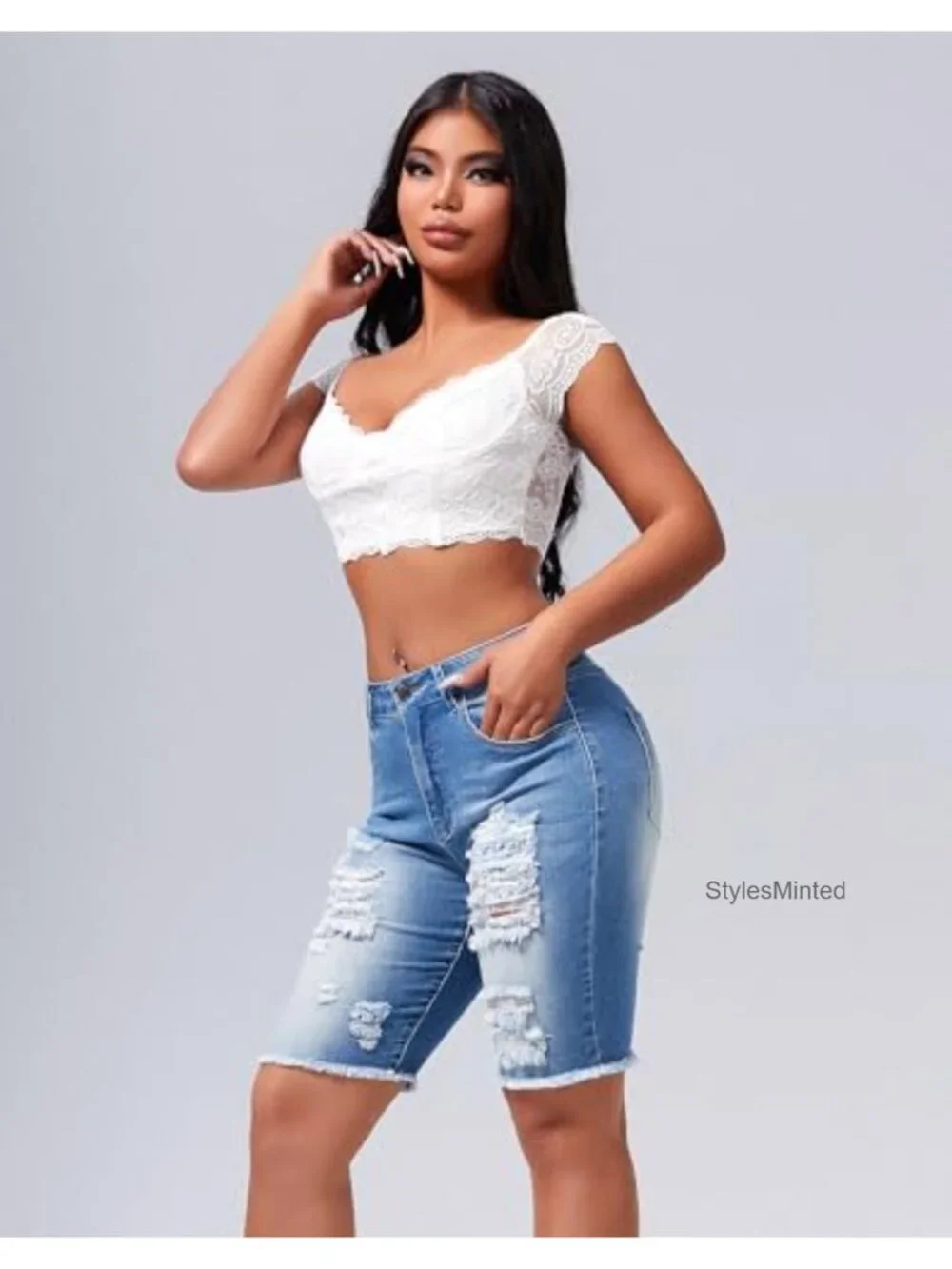Ripped Stretchy Long Jean Shorts Mid Rise Frayed Cut Off Bermuda Shorts